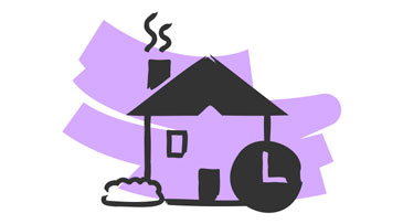 Stilisierte Illustration eines Hauses in schwarzer Silhouette auf lila-violettem Hintergrund mit mehreren grafischen Elementen. Das einfache Haus hat ein dreieckiges Dach mit Schornstein, aus dem Rauch aufsteigt, sowie ein Fenster und eine Tür. Vorne links befindet sich ein Busch, rechts ist eine große Uhr im Vordergrund.