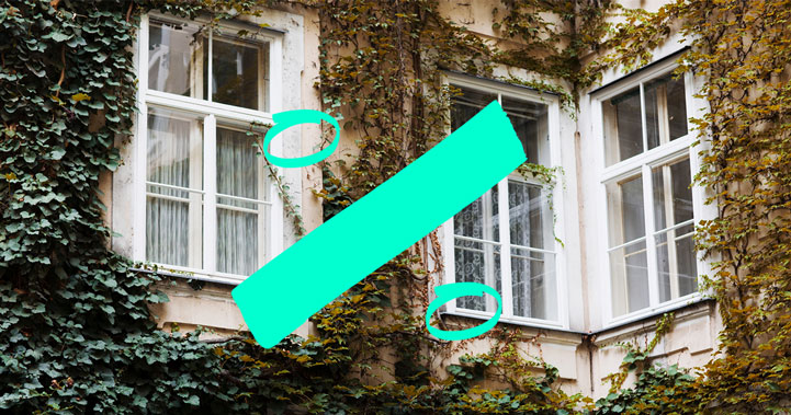 Fassade eines historischen Gebäudes mit weißen Sprossenfenstern, das vollständig von Efeu und herbstlichem Weinlaub bewachsen ist. Drei große Fenster sind sichtbar - zwei im Erdgeschoss und eines im Obergeschoss. Das Mauerwerk ist fast vollständig von der üppigen Vegetation verdeckt. Über das Bild ist ein türkisfarbene grafisches Element gelegt, das ein Prozentzeichen darstellt.