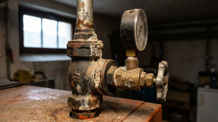 Nahaufnahme einer alten, stark korrodierten Heizungsanlage oder eines historischen Dampfkessels in einem Kellerraum. Das zentrale Element ist ein massives, bronzefarbenes oder messingfarbenes Ventil mit einem großen, runden schwarzen Manometer (Druckmesser), das den Betriebsdruck der Anlage anzeigte.