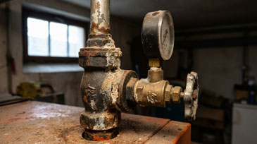 Nahaufnahme einer alten, stark korrodierten Heizungsanlage oder eines historischen Dampfkessels in einem Kellerraum. Das zentrale Element ist ein massives, bronzefarbenes oder messingfarbenes Ventil mit einem großen, runden schwarzen Manometer (Druckmesser), das den Betriebsdruck der Anlage anzeigte.