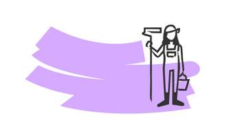 Minimalistische Illustration einer einzelnen Person in schwarzer Linienzeichnung auf violett-lila Hintergrund mit geschwungenen Pinselstrichen. Die Darstellung zeigt eine Person mit längeren Haaren, die einen Farbeimer und eine Malerrolle in der Hand hält.