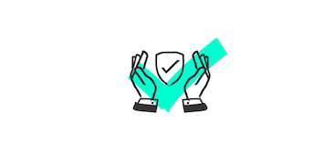 Stilisierte Illustration zum Thema Sicherheit und Schutz. Zwei Hände mit Anzugmanschetten halten schützend ein weißes Schild-Symbol mit einem grünen Häkchen in der Mitte. Der Hintergrund zeigt türkisfarbene geometrische Formen, die das Sicherheitsmotiv verstärken. Die Grafik vermittelt Konzepte wie Schutz, Sicherheit, Vertrauen und erfolgreiche Absicherung.